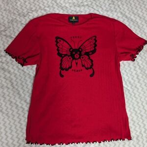 Teddy Fresh Red Pointelle Butterfly Bear Lettuce Trim Top